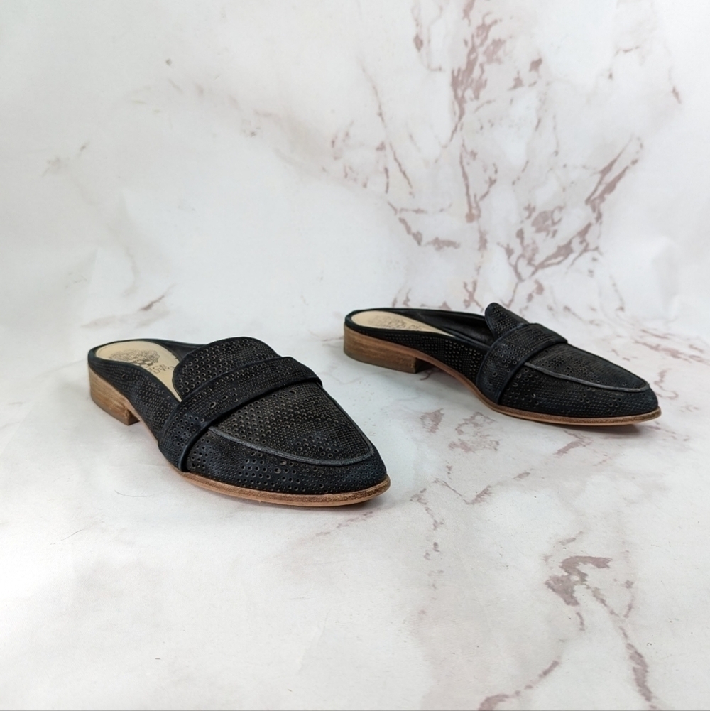 Vince Camuto Mule 9.5 Women Black Flats Kaylana Suede Leather Slip On Shoes
